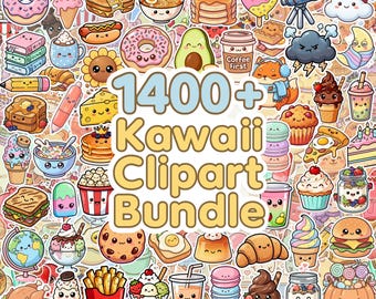 Kawaii Clipart Bundle, 1400+ PNGs, Animal Food Fruits & More, Commercial Use, Digital Stickers,