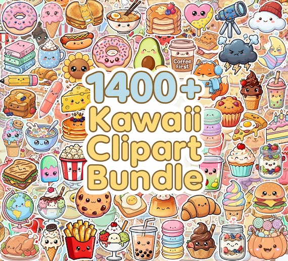 Kawaii Clipart Bundle, 1400+ PNGs, Animal Food Fruits & More, Commercial Use, Digital Stickers,