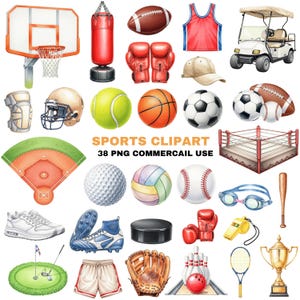 May include: Watercolor illustration of various sports equipment, including a basketball hoop, football, boxing gloves, baseball, soccer ball, and golf cart. The image also includes text that reads "SPORTS CLIPART 38 PNG COMMERCIAL USE."