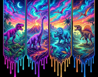 Neon Dinosaur Drip PNG – Colorful T-Rex & Jurassic Creatures Sublimation Design – Boys Shirt Print