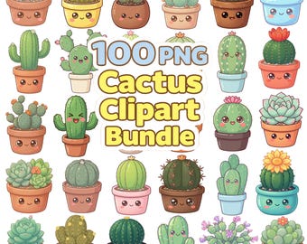 Pacchetto di clipart kawaii di cactus e piante grasse in vaso — PNG di piante in vaso (trasparenti), adesivi pronti per l'uso, adesivi stampabili per planner