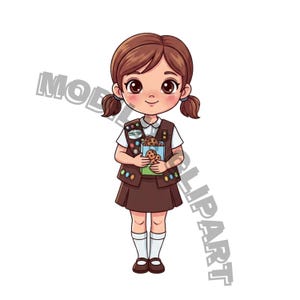 May include: A cartoon illustration of a girl scout holding a box of cookies. She wears a brown uniform with patches, a white shirt, and a brown skirt. Her hair is styled in pigtails, and she has a friendly expression.