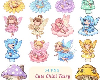 Kawaii Chibi Fairy Clipart Pack - 54 Pastel Flower Fairies, Mushroom Houses & Wings PNG