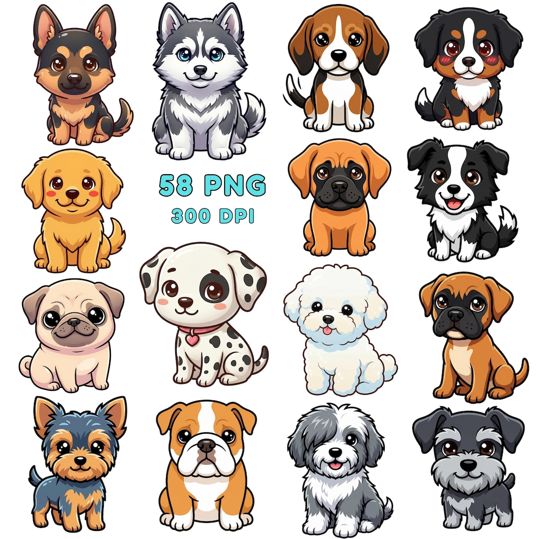 Puppy Clipart Pack - 58 Adorable Kawaii Dog Puppies PNG for Stickers ...