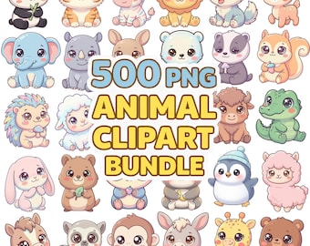 500 Kawaii Animal Clipart PNGs —  Clipart Bundle, Transparent — Baby Animals Stickers & Printables — Commercial Use