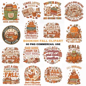 May include: A collection of digital illustrations featuring autumn-themed bookish designs, including stacks of books, pumpkins, cozy sweaters, reading animals, and text phrases like Book Shopping, Fall Into Reading, and My Fall Is Booked in warm colors.