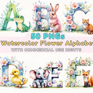 Watercolor Animal Alphabet Clipart – Baby Animals Letters for Nursery Wall Art Digital Download