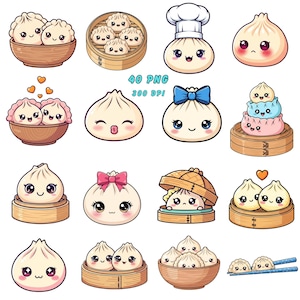 May include: A collection of cute, cartoon-style dumplings with kawaii faces. Some dumplings are in wooden bowls or bamboo steamers. One dumpling wears a chef's hat, and another has a blue bow. The image includes the text "40 PNG 300 DPI."