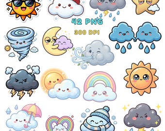 Mood of the Sky Stickers – Kawaii Weather Clipart | Clouds, Rainbows & Storm Characters | Adorable Chubby Weather
