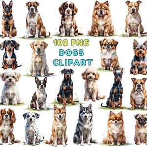 Watercolor Dogs Clipart Bundle: 100+ Pet Breed PNG Illustrations, Digital Download for Crafting,