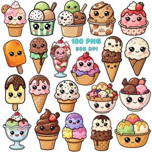 May include: A collection of cartoon ice cream illustrations in various styles, including cones, sundaes, and popsicles. The image includes text that reads "100 PNG 300 DPI". The ice cream flavors include strawberry, chocolate, vanilla, and more.