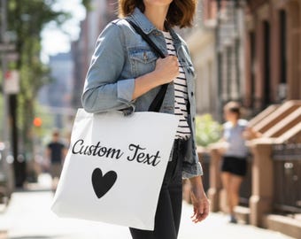 Custom Text Heart Tote Bag | Personalized Script Name, All-Over Print Tote