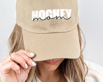 Hockey Mom Hat - Embroidered Baseball Cap in Tan | Adjustable Cotton Dad Hat | Ice Hockey Mom Gift | Game Day Rinkside Team Spirit Hat