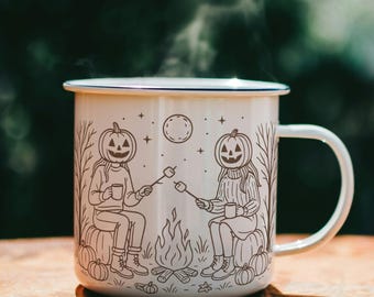 Pumpkin Head Campfire Mug | Halloween Enamel Mug | Fall Camping Coffee Cup | Cozy Autumn S'mores Mug | Jack-o'-Lantern Bonfire Cup