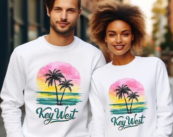 Key West Sweatshirt - Vintage Sunset Palm Tree Design | Florida Vacation Crewneck | Beach Travel Gift | Unisex Coastal Pullover