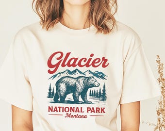 Camiseta del Parque Nacional Glaciar / Camiseta de Oso con Colores Cómodos / Camiseta con Gráficos de Montana Nature / Camiseta de Senderismo de Aventura en el Parque Nacional