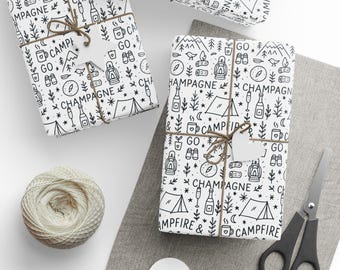 Camping Wrapping Paper | Black and White Campfire Gift Wrap | Adventure and Outdoors Gift Paper | Champagne Camp Bachelorette