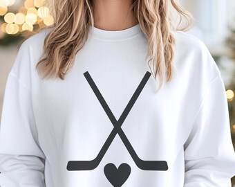 Hockey Sticks Sweatshirt with Heart Puck | Cozy Hockey Lover Crewneck | Cute Sports Gift | Ice Hockey Aesthetic Pullover