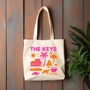 Bolsa Tote The Keys - Ícones retrô da Flórida | Bolsa veleiro com palmeira flamingo | Presente de viagem de praia rosa e laranja | Férias de primavera na Flórida