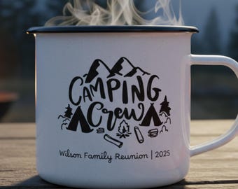 Camping Crew Custom Enamel Mug | Personalized Group Camping Mug | Family Reunion, Bachelorette, or Trip Gift | Outdoor Adventure Mug