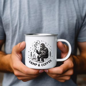 Camp & Coffee Enamel Mug | Bigfoot Coffee Mug for Campers | Funny Sasquatch Camping Cup | Outdoorsy Gift for Hikers and Cryptid Lovers