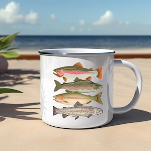 Trout Species Enamel Camping Mug | Fly Fishing Coffee Cup | Fisherman Gift | Rainbow Brook Brown Cutthroat Trout Mug | Outdoor Adventure Mug