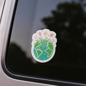 Floral Earth Sticker – Cute Planet with Flowers | Eco Laptop Decal, Water Bottle Sticker, Earth Day Gift, Waterproof Nature Vinyl Sticker