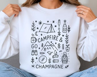 Campfire & Champagne Sweatshirt – Outdoorsy Bachelorette Crewneck – Glamping Weekend Sweater – Cute Nature Girl Camping Shirt