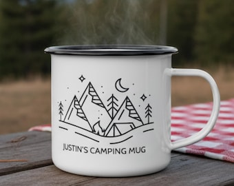 Personalisierte Camping Becher | Individuelle Emailletasse mit Berge | Dads Camping Becher | Outdoor Abenteuer Geschenk | Lagerfeuer Kaffee Becher