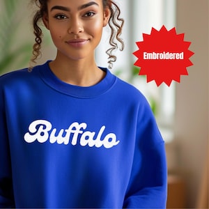 Buffalo Embroidered Sweatshirt | Royal Blue Crewneck | Bills Colors | Bubble Letter City Embroidery | Cozy Game Day Sweater | Buffalo NY