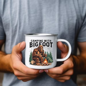 Camping with Bigfoot Enamel Mug | Funny Sasquatch Campfire Cup | Bigfoot Coffee Mug Gift for Hikers, Campers, Outdoor Lovers | RV Kitchen