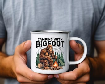 Camping with Bigfoot Enamel Mug | Funny Sasquatch Campfire Cup | Bigfoot Coffee Mug Gift for Hikers, Campers, Outdoor Lovers | RV Kitchen