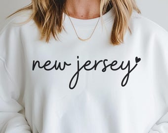 New Jersey Sweatshirt | NJ Cursive Crewneck | Heart Accent Pullover | Cozy State Pride Gift | Soft Travel Sweatshirt