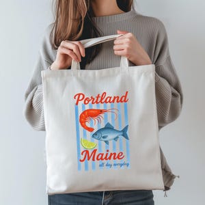 Portland Maine Tote Bag - Lobster & Fish Market Bag | Coastal Canvas Bag | New England Seafood Gift | Farmers Market Shopper | Beach Tote