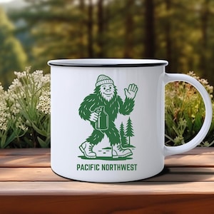 Pacific Northwest Bigfoot Enamel Mug | Sasquatch Camping Mug | PNW Hiker Gift | Outdoorsy Coffee Cup | Retro Adventure Mug for Campfires