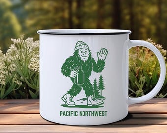Pacific Northwest Bigfoot Enamel Mug | Sasquatch Camping Mug | PNW Hiker Gift | Outdoorsy Coffee Cup | Retro Adventure Mug for Campfires