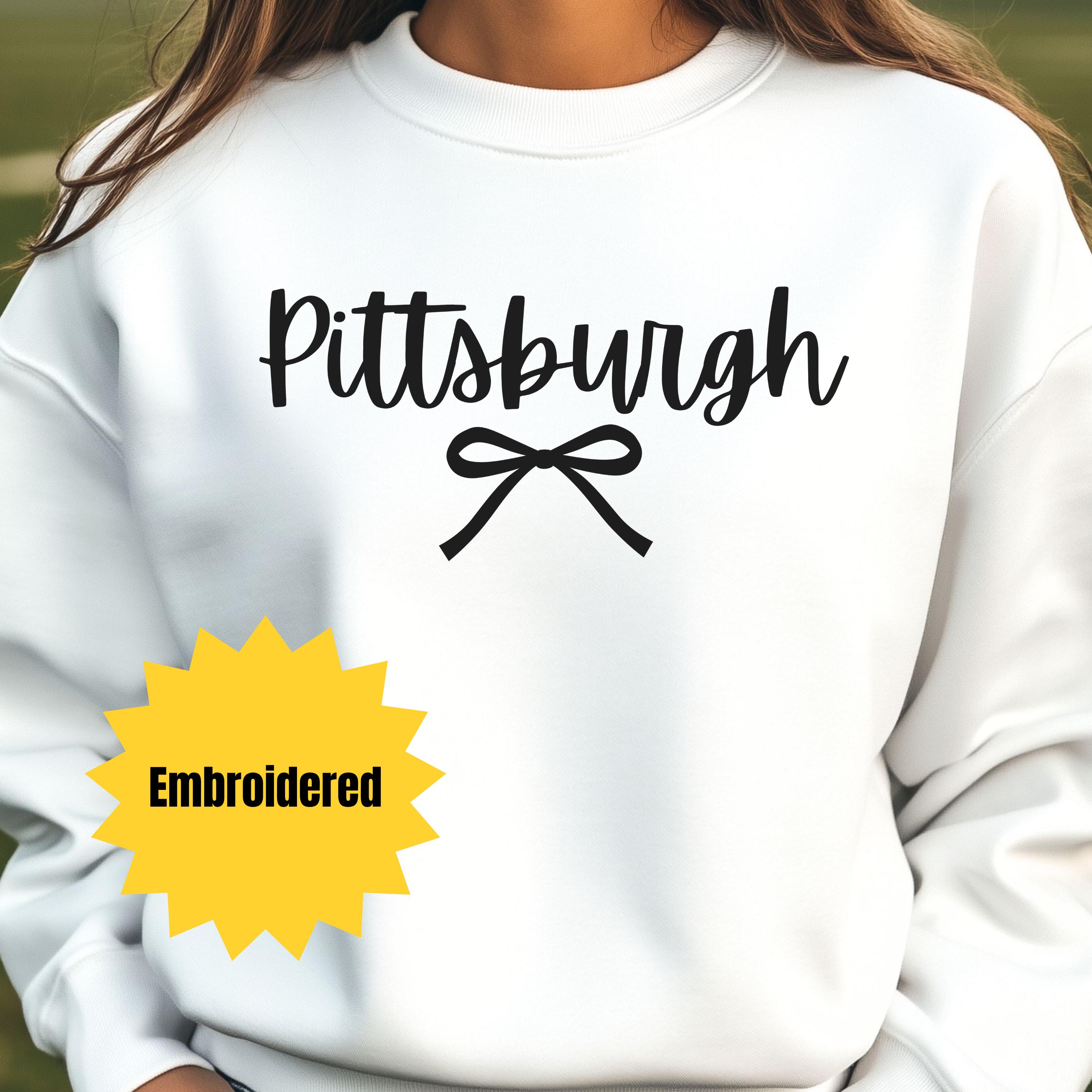 Pittsburgh Embroidered Sweatshirt Gold Bow Crewneck Steelers Colors Coquette Football Sweater Cute Pittsburgh Gift Fall Game Day