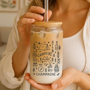Campfire & Champagne Glass Can Cup – Bachelorette Camping Sticker Cup – Outdoor Adventure Iced Coffee Cup – Nature Girl Weekend Gift