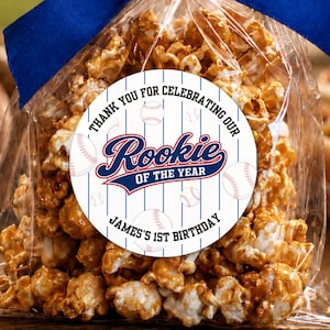 Rookie of the Year 1st Birthday Stickers - Personalized Baseball Party Labels - First Birthday Favor