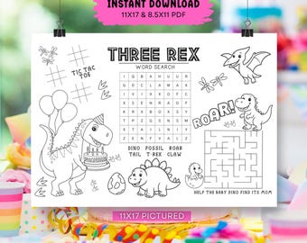 May include: Black and white printable party activity sheet with dinosaur-themed games. Includes a word search, maze, and tic-tac-toe. The sheet is labeled "THREE REX" and includes the text "INSTANT DOWNLOAD 11X17 & 8.5X11 PDF".