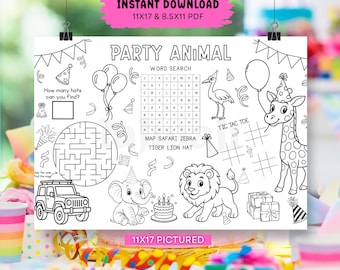 Party Animal Färbung Tischset zum Ausdrucken - Sofortiger Download Aktivitätsbogen für Kinder | Wild Safari Geburtstagsspiel | 8,5x11 & 11x17 PDF