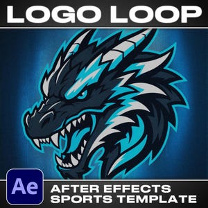 May include: A digital graphic featuring a stylised dragon head in shades of dark blue, light blue, and white. The text "LOGO LOOP" appears at the top, and "AFTER EFFECTS SPORTS TEMPLATE" is at the bottom, with an "Ae" icon in the corner.