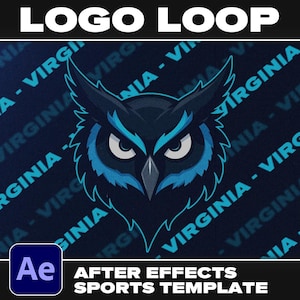 May include: A dark blue graphic featuring an owl with blue accents, set against a background with the text "Virginia". The words "LOGO LOOP" are at the top, and "AFTER EFFECTS SPORTS TEMPLATE" is at the bottom.
