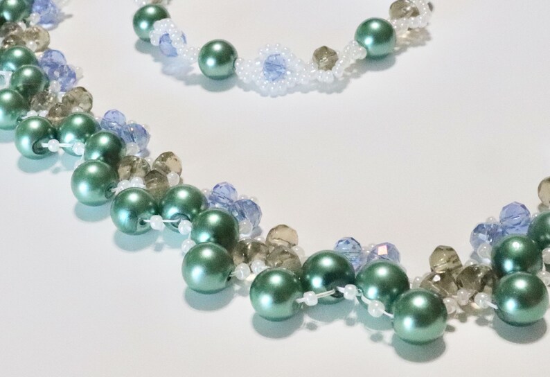 Pearl Necklace Teal Bead Woven Necklace and Bracelet Gifts for Her Blue Necklace Teal Pearl Necklace Set
