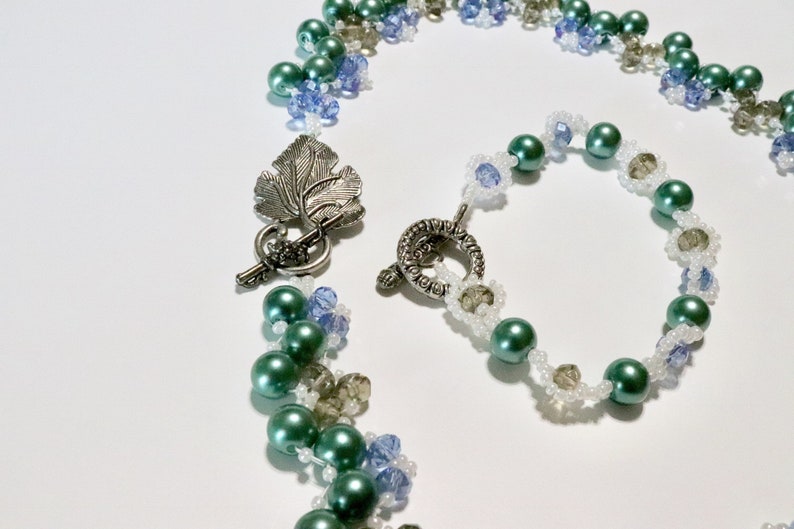 Pearl Necklace Teal Bead Woven Necklace and Bracelet Gifts for Her Blue Necklace Teal Pearl Necklace Set