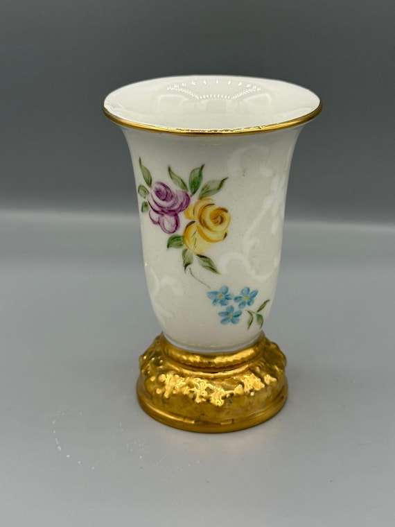 Vintage Rosenthal Selb Germany Mini Vase – Maria Series, Hand Painted Flowers, Gold Base, 1950s
