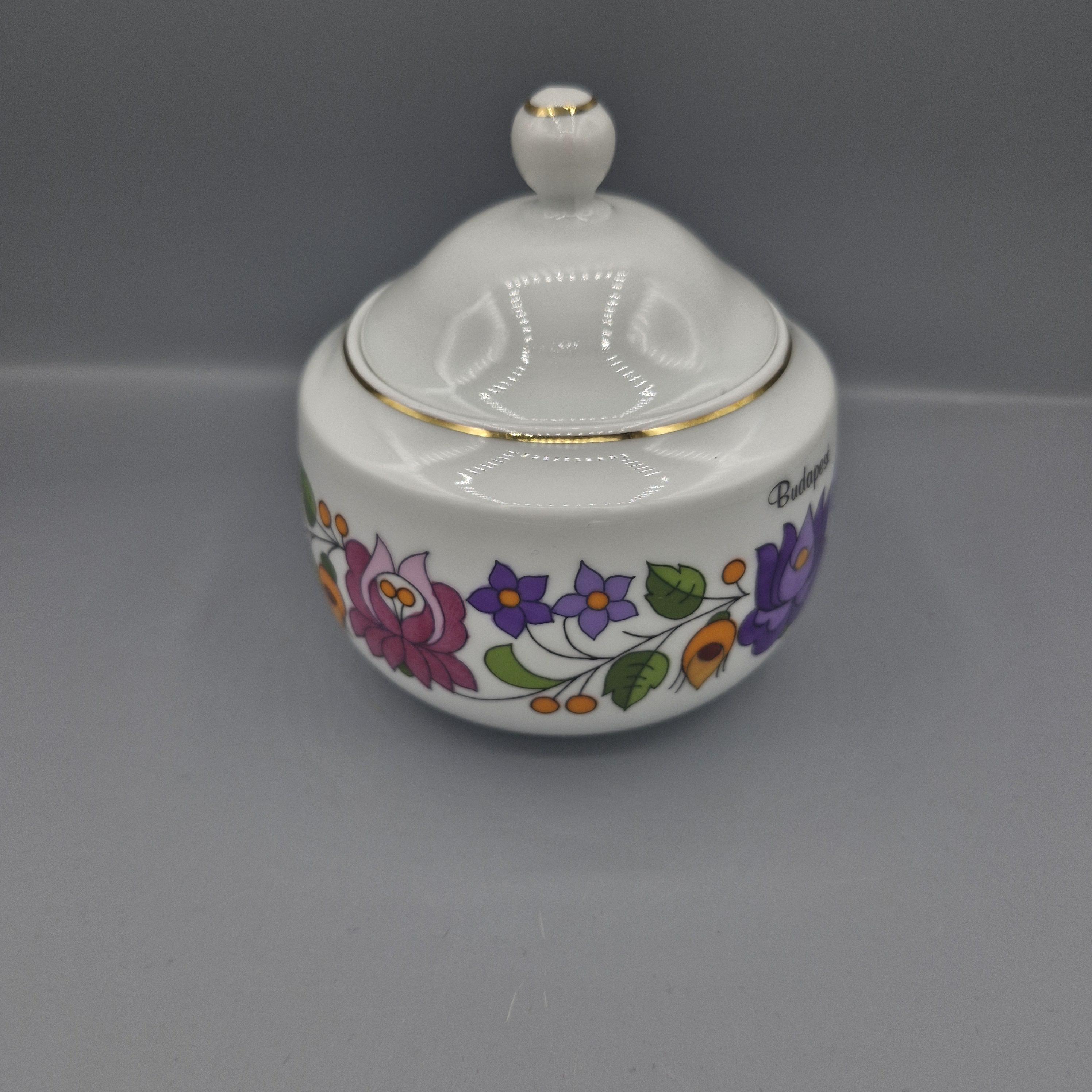 Vintage Kalocsa Hungary Hand Painted Porcelain Sugar Bowl With Lid