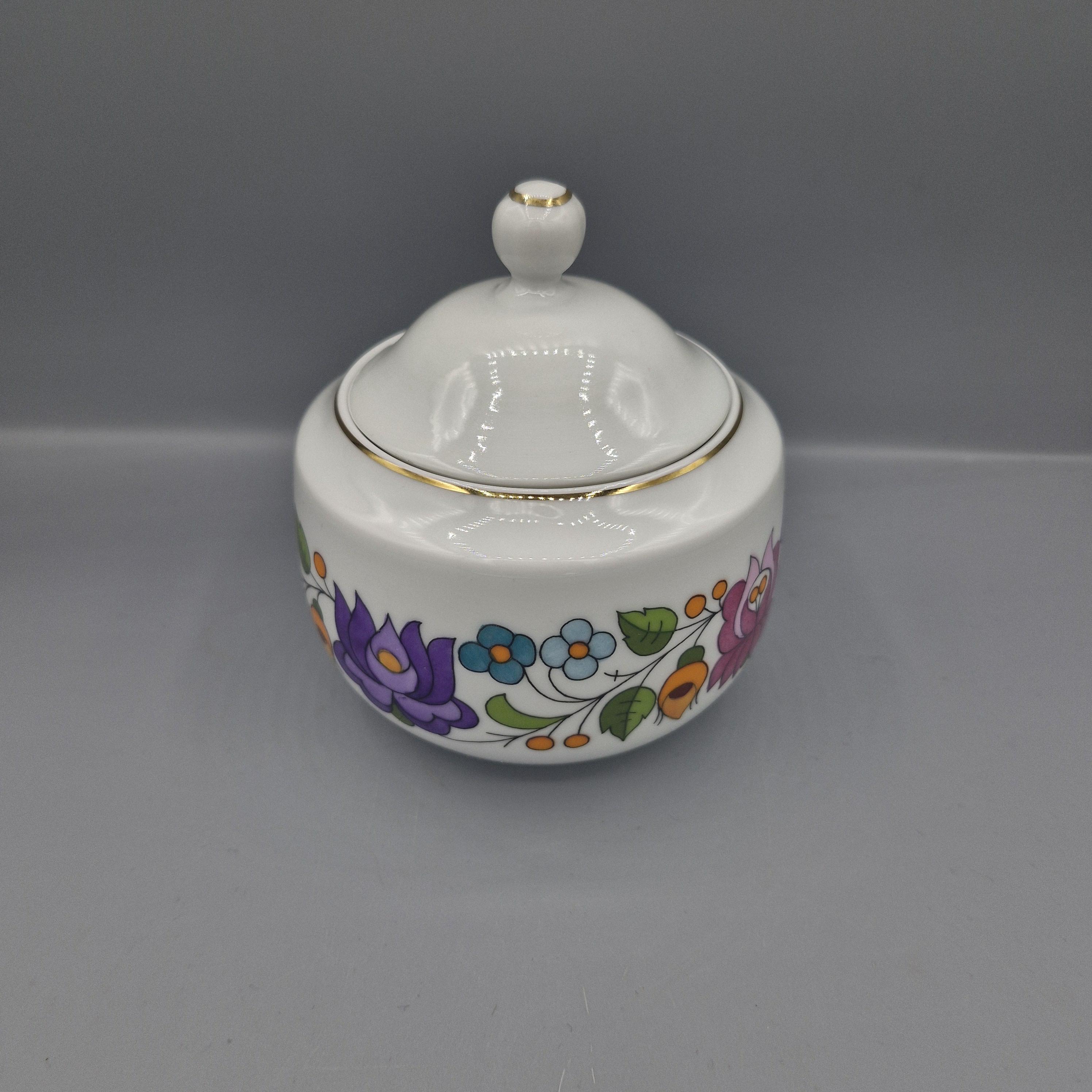 Vintage Kalocsa Hungary Hand Painted Porcelain Sugar Bowl With Lid