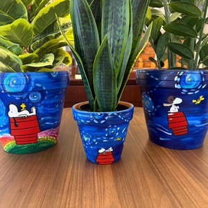 Custom Hand-Painted Van Gogh Starry Night Terracotta Pot with Snoopy Twist | Multiple Sizes | Made to Order