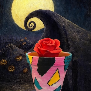 May include: A red rose in a painted flower pot with a patchwork design. The pot is pink, black, yellow, and teal. The background features a full moon, a swirling hill, and a spooky landscape.